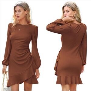 Byinns Bodycon Dress Womens XLarge Brown Long Sleeve Ruffle Hem Ribbed Sundress